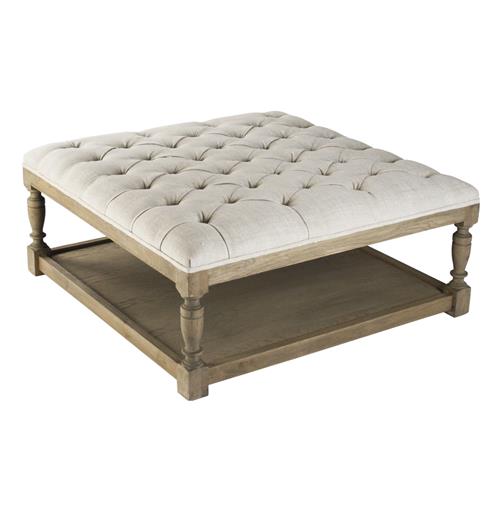 Square Tufted Linen Natural Oak Coffee Table Ottoman Kathy Kuo Home