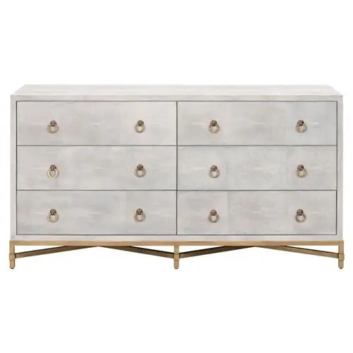 Simon Modern Classic 6 Drawer White Shagreen Brushed Gold Double Dresser Kathy Kuo Home