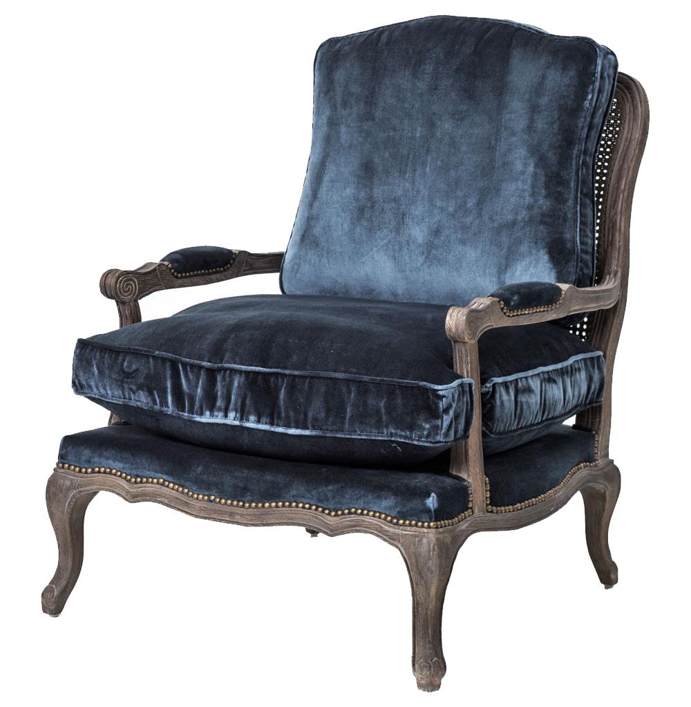 Sasha Blue Velvet French Style Oak Bergere Arm Chair  Kathy Kuo Home